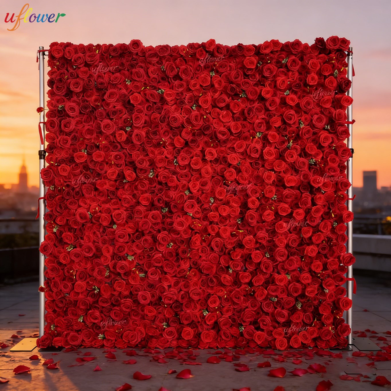 Flower Wall Panel - Uflower レッドローズ 造花ウォール バーガンディ生地 ロールアップ式 フラワーウォール