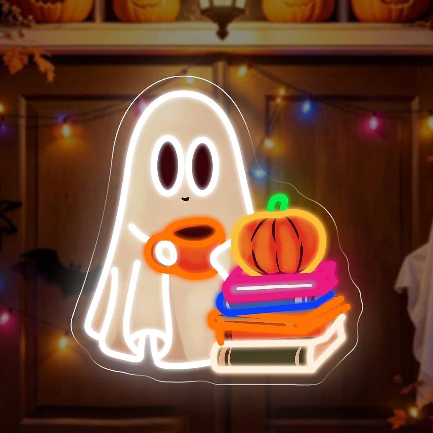Neon Sign Party - かわいいお化けが本を読んでいる様子を表現したネオンサイン。LEDハロウィンお化けネオンライト。USB接続で、寝室、パーティー、ゲームルーム、バーなどの装飾やギフトに最適。壁掛けランプとしても使用可能。