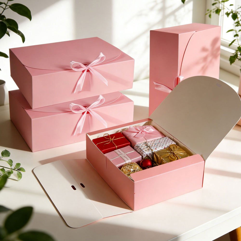 Event Party Box - 5個入り、おしゃれなピンク色のギフトボックス。サテンリボン付きで、繰り返し使える収納ボックスとして、誕生日、結婚式、パーティーなどのギフトに最適。