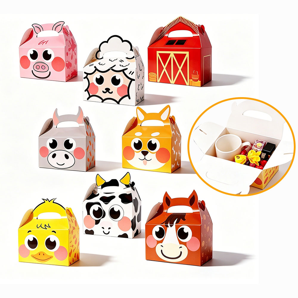 Event Party Box - 8個入り/16個入り/24個入りのかわいい農場動物をテーマにしたギフトボックス。子供の誕生日パーティーやイベントに最適な、取っ手付きの紙製ギフトボックス。