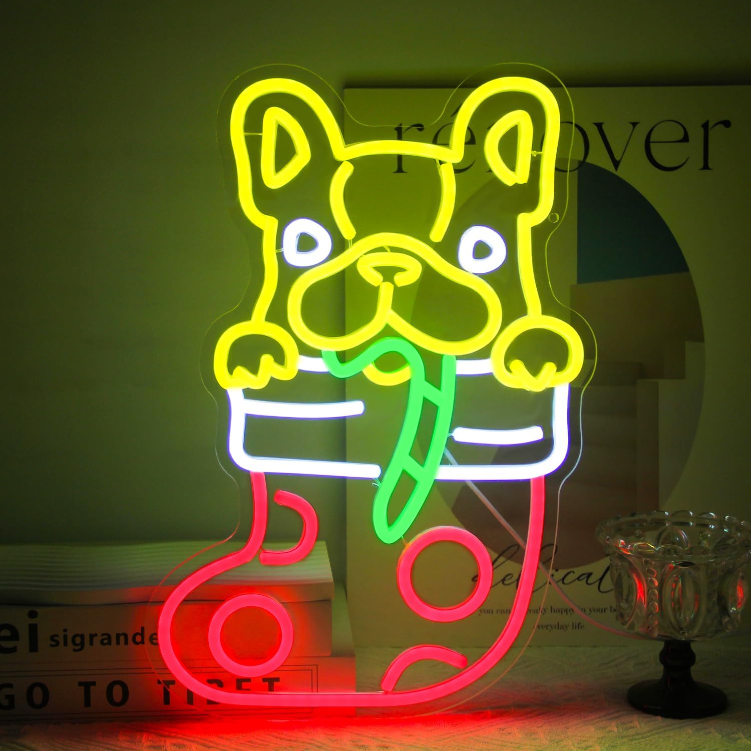 Neon Sign Party - フレンチブルドッグのクリスマス柄ネオンサイン。LEDネオンライト、USB電源、クリスマスパーティー、寝室、家庭用装飾、ギフトに最適。