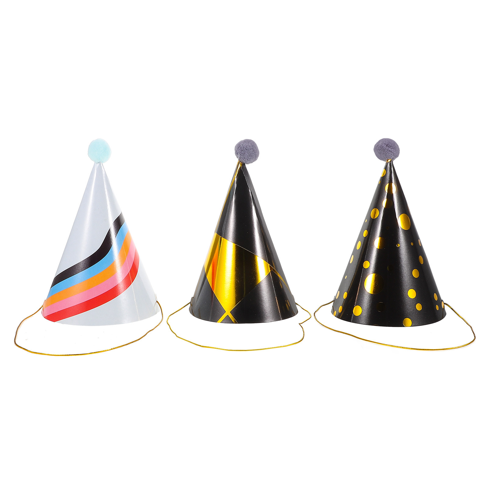 3個入り、金箔があしらわれた紙製の円錐形帽子。小さなパーティ - Party Hat Cone のレビューと価格